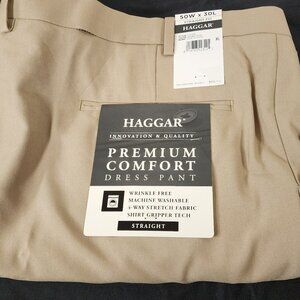 Haggar Mens Pants Khaki 50x30 Premium Non Iron Khaki Classic Fit Cotton Blend